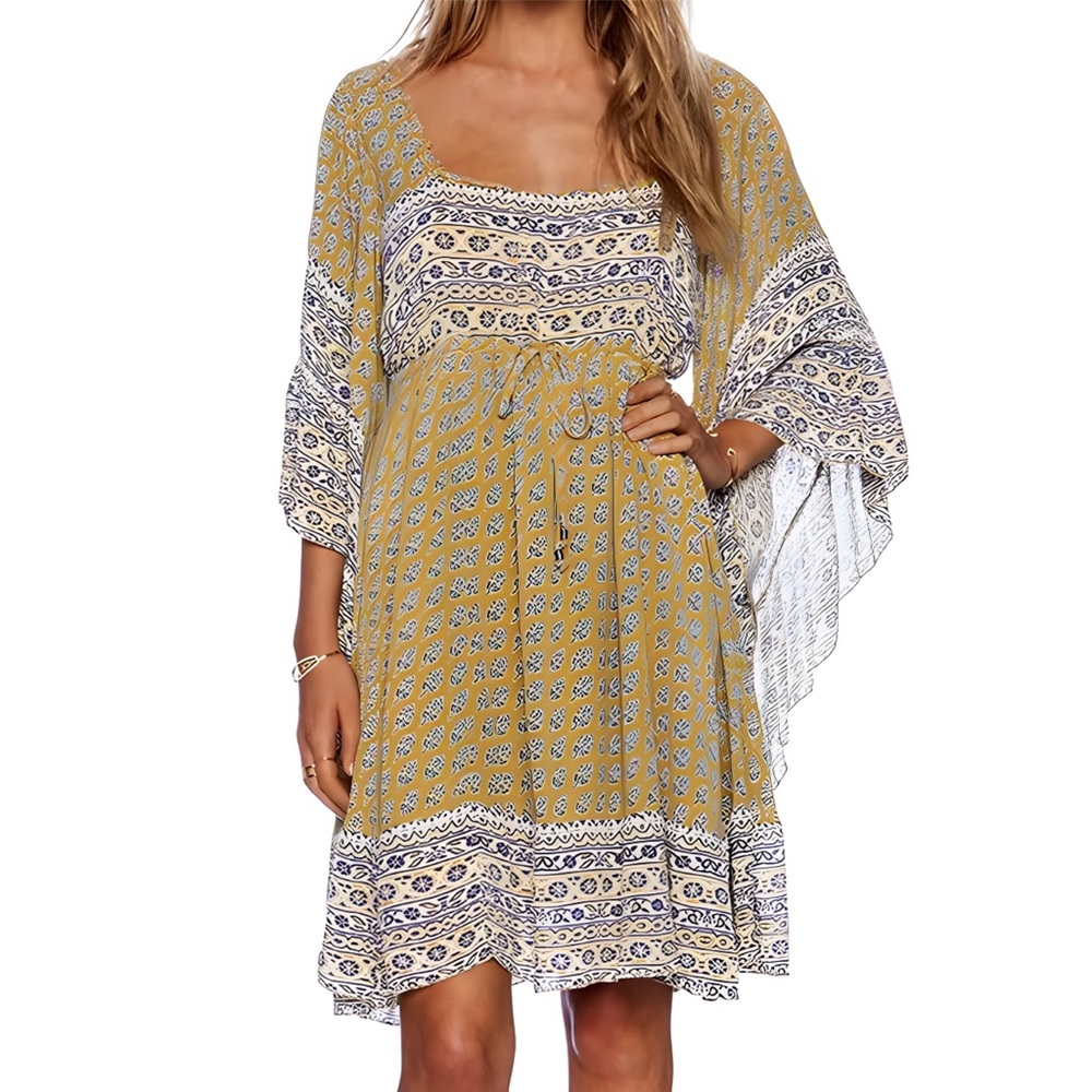 Free People Mustard, Blue, & Cream Gauzey Boho Bell Sleeve Mini Dress - Picture 3 of 3